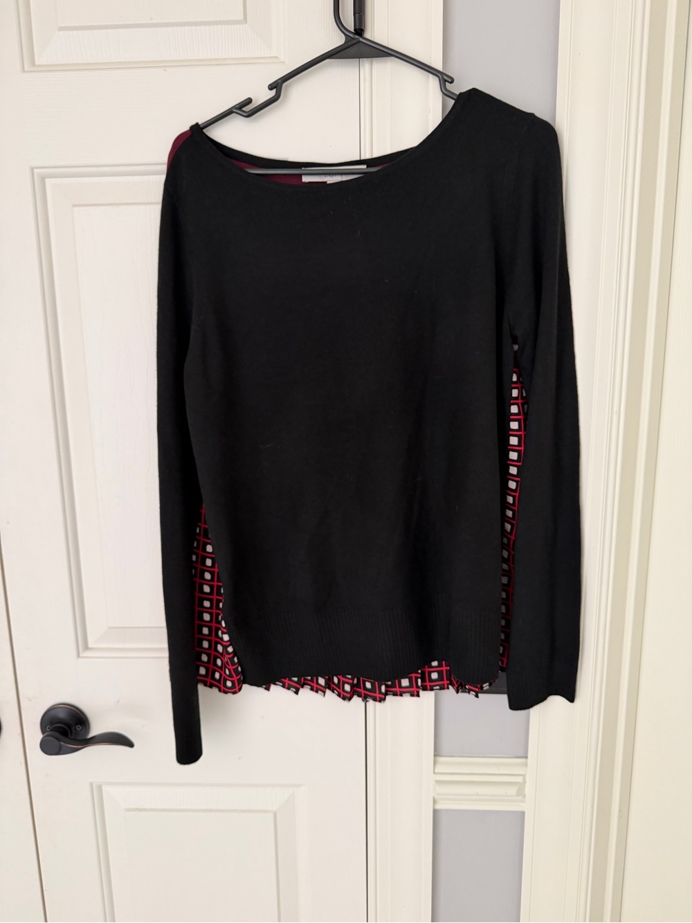LOFT Black Sweater with Red and White Geometric Detail